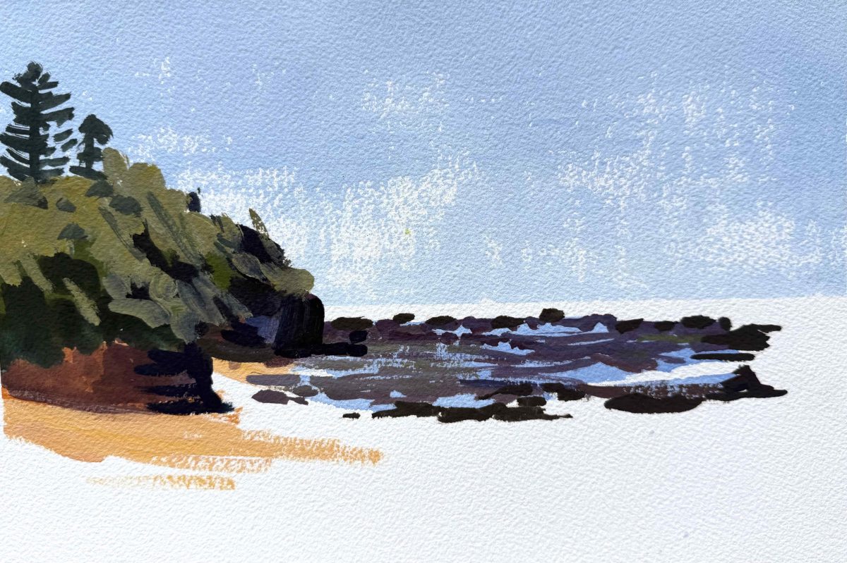 Landscape painting with beach and rocks