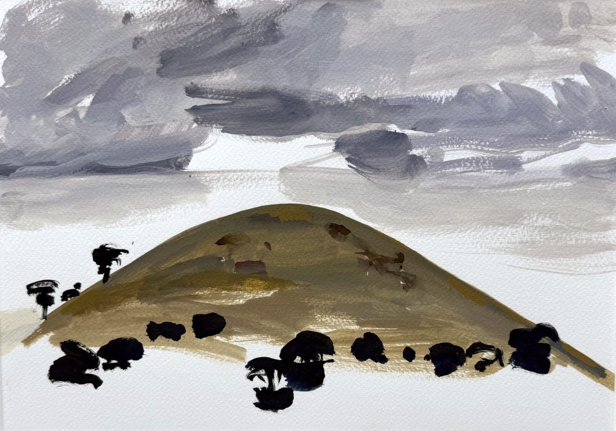 Watercolour drawing with mountain in the centre